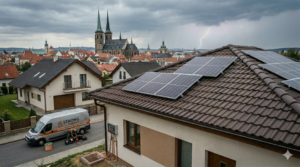 Profesionální zabezpečení fotovoltaických panelů na střeše před bleskem a přepětím, realizované společností STRONG tech s.r.o.