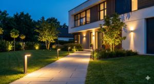 Osvětlená cesta s moderními sloupkovými LED svítidly a nasvícenými stromy v luxusní zahradě moderního rodinného domu za soumraku, ukazující inteligentní automatizaci exteriéru.