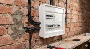 Detailní pohled na poctivou řemeslnou práci při výměně rozvodů v bytě: nové elektrické vodiče vedené ve vyfrézované drážce v cihlové zdi, profesionálně připojené k novému bytovému rozvaděči s jističi.