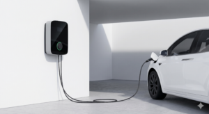 Bílé elektrické auto připojené k moderní nabíjecí stanici Wallbox v minimalistické garáži novostavby, připravené k bezpečnému domácímu nabíjení.