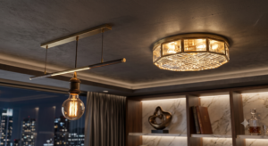 Srovnání klasické retro žárovky s wolframovým vláknem a moderního přisazeného luxusního LED stropního svítidla na tmavém stropě v designovém interiéru.